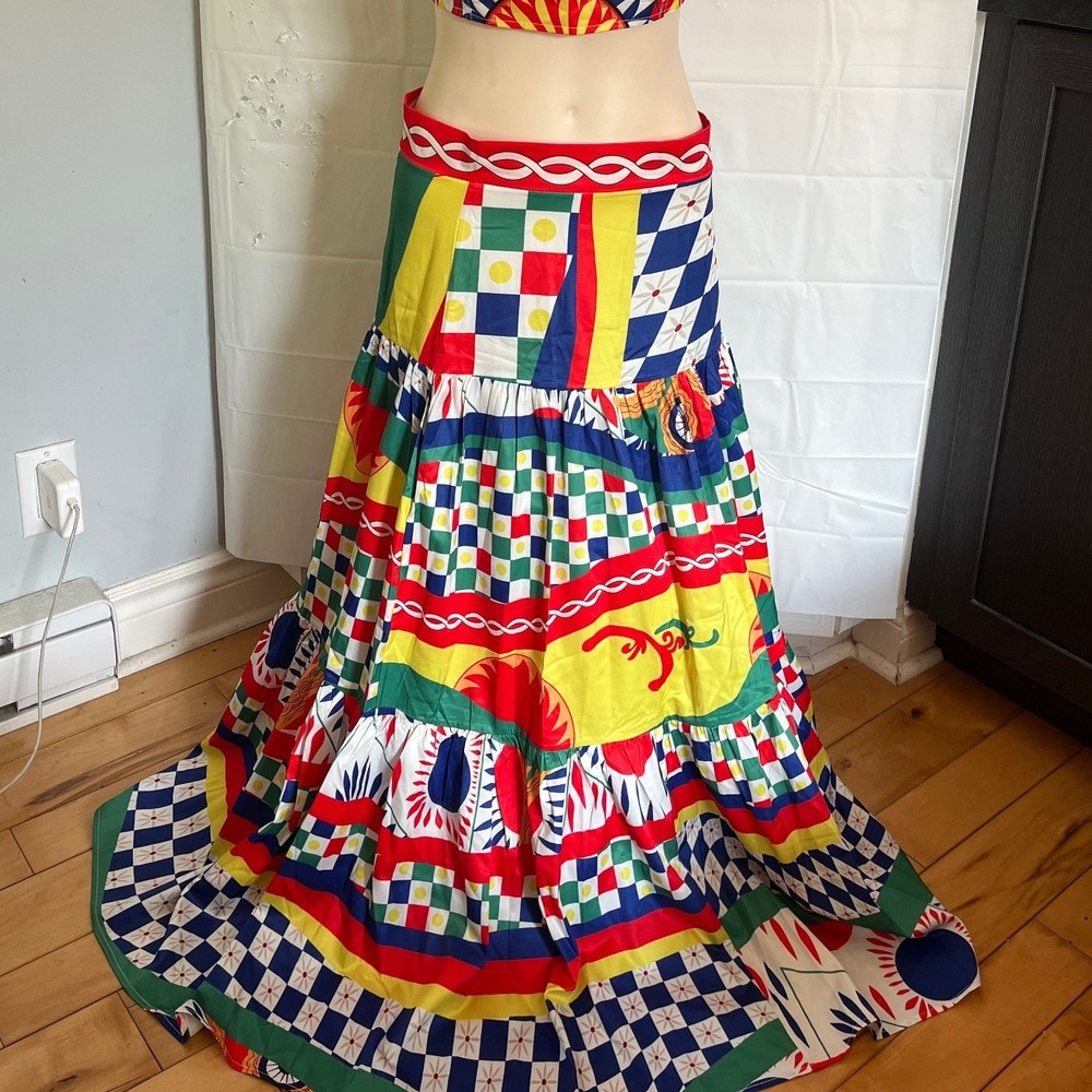 Multicolor Sunburst Geometric Graphic Print Tiered Maxi Skirt Boho Summer
